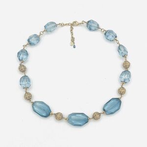 VTG Monet Aquamarine Glass Beads Gold Tone Necklace 16” - 18” Costume Jewelry